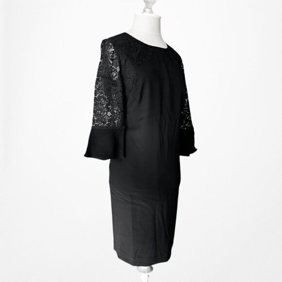 Vintage Y2K Black Long Lace Bell Sleeves Knee Length Cocktail Shift Dress Size M - Picture 4 of 7